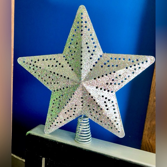 Christmas Silver Glitter Punched Metal Star Tree Topper 3D Fractal Coil Spring - Picture 1 of 2